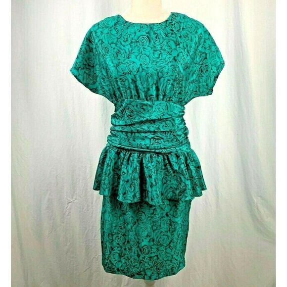 Vintage Millicent of California Cocktail Dress 6 Green Black Peplum Floral - Picture 1 of 7